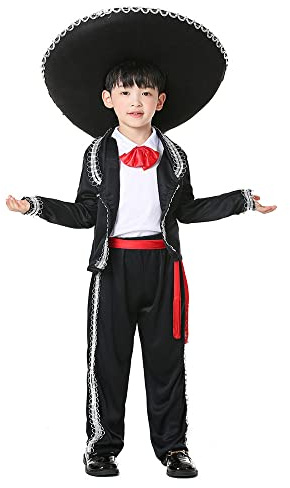 YEMYIQZ Boy Mexican Costume Kids Traditional Mariachi Amigo Dance Cosplay Costumes Halloween Outfit Bowtie Belt Suit Outfit