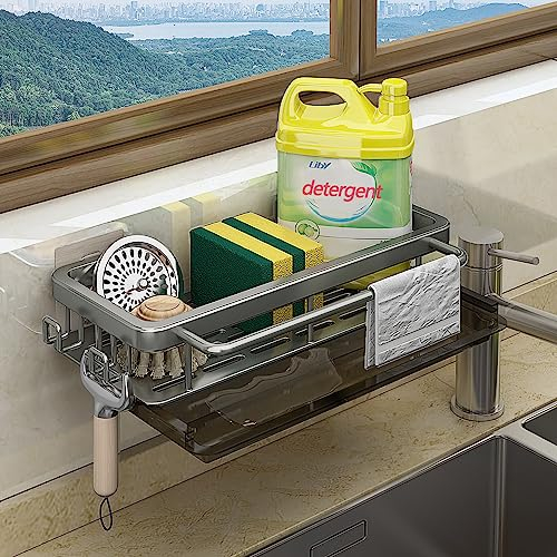 FOXWHALE Spülbecken Organizer mit Abflusspfanne,Haken Waschbecken Organizer Wand Hängend Ohne Bohren Selbstklebend Badezimmer Spüle Organizer für Küchenzubehör Schwamm/Bürste/Spülseife (Grau)