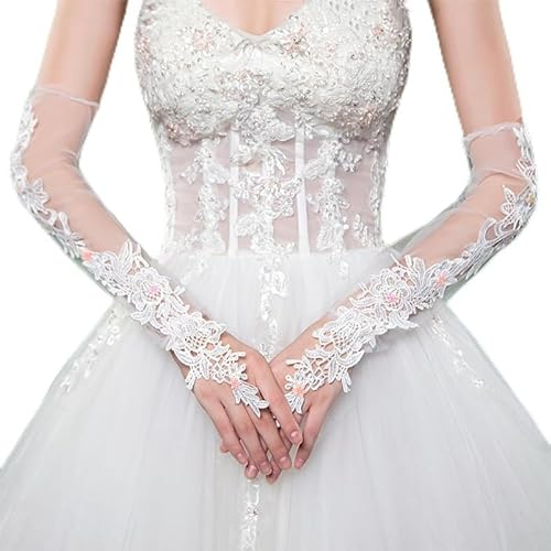 Fingerlose Spitzenhandschuhe für Damen,Hochzeit Braut Handschuhe Ellenbogen Lang Elegant Frauen Handschuhe Armstulpen Blumenspitze Brauthandschuhe Handstulpen für Fahren Hochzeit Oper Party-Weiße #7
