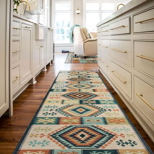 TALETA Teppich Läufer Flur rutschfest waschbar, Küchenläufer bunter Küchenteppich Vintage, Kelim Teppich Läufer für Küche, Terrasse, Treppen, Flur, Gang, grün, 80 x 300 cm