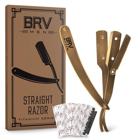 BRV MEN Straight Razor | Titanium Series | 100 Single Edge Blades | Straight Edge Razor | Shavette | Barber Razor | Mens Shaving Knife | Straight Razor Kit | For Men (Titanium Bronze)