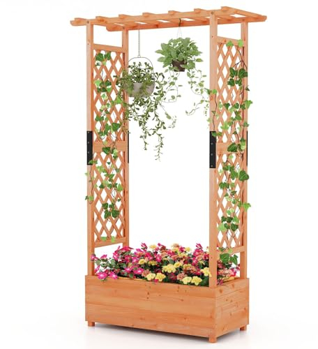 HOMASIS Jardinera con 2 espalderas y repisa en el Techo, arriate Elevado con espaldera, Jardinera de Madera, Jardinera para Flores y Plantas trepadoras, para jardín, balcón (Naranja, 110x44x182cm)