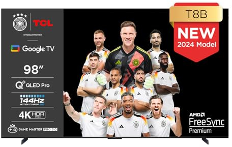 TCL 98T8B 98-Zoll QLED Pro 144Hz Onkyo Gaming Fernseher, 4K UHD, HDR Pro, Google TV (Dolby Vision IQ & Atmos, Motion Clarity, Freihändige Sprachsteureung, Kompatibel mit Google Assistant & Alexa)