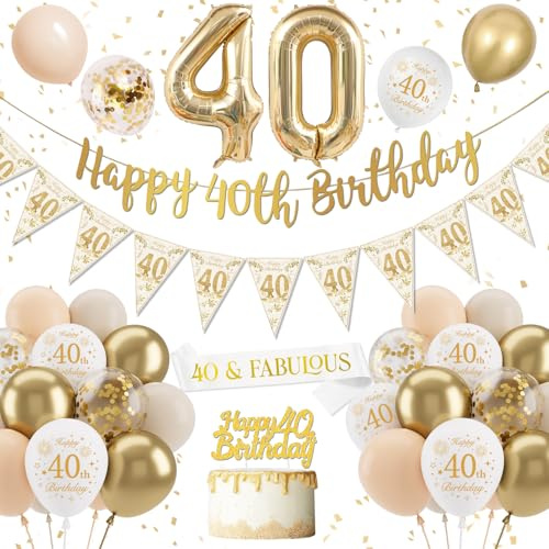 40 Geburtstag Deko für Frauen - Gold Happy Birthday Banner, Sand Weiß Luftballons, Konfetti Latexballons, Cake Topper für Party Dekorationen