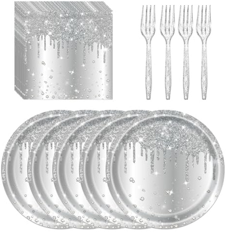LYFREE 72 Pcs Silver Glitter Paper Plates 7in Disposable Paper Dessert Plates Napkins and Forks Party Tableware Set Happy Birthday Table Decorations for 24 Guests Silver Birthday Wedding Theme Party