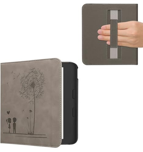 kwmobile Klapphülle kompatibel mit Kobo Kobo Libra Colour/Tolino Vision Color - Hülle aus Kunstleder für eReader - mit Handschlaufe - Pusteblume Love Grau