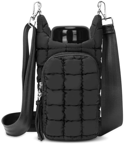 HiTotes Quilted Water Bottle Carrier with Phone Pocket - Crossbody Purse Sling Bag