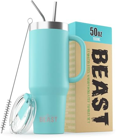 Beast Tumbler with Handle - 1500 ml (50 oz), Aquamarine Blue | Reusable Stainless Steel, Vacuum Insulated Cup | with + 2 Straws & Cleaning Brush | Double Wall Travel Flask for Hot or Iced Coffee