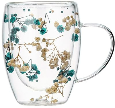 Opdestn Tasses Double Paroi Avec Fleurs Séchées, Tasse en Verre À Double Paroi avec Fleurs Sèches, Verre Double Paroi, Tasses À Expresso En Verre Transparent Pour Cappuccino, Expresso, Latte, Thé