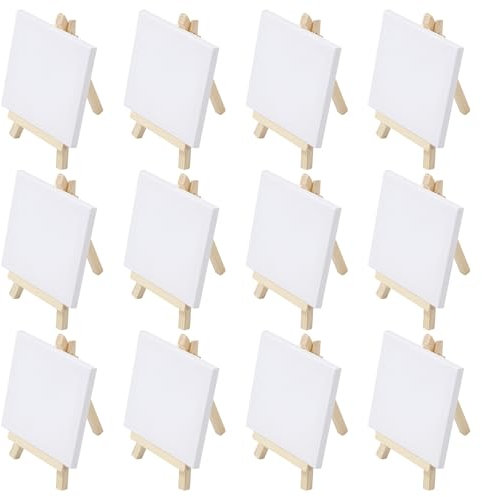 BUCOMTU 12 Mini Chevalets, toile 10 x 10 cm, chevalet en bois massif 15 x 8 cm, support trépied pliable, tableau de création peint à la main DIY Affichage de peinture/art pour enfants