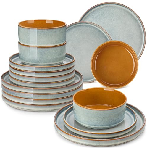 vancasso ONION Vajillas Completas 8 Personas, Vajilla Modernas 24 Piezas de Gres - 8 Platos Llanos, 8 Platos de Postre y 8 Cuencos - Esmaltado Reactivo Azul Claro, Apto para Microondas