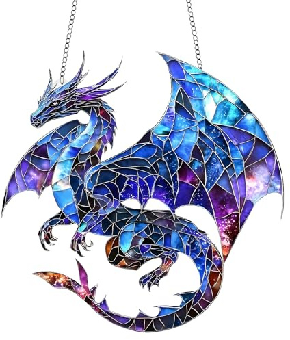 Dragon Dreamcatcher Suncatcher, Mystical Dragon Acrylic Ornament Stained Glass Effect Window Hanging Colourful Fantasy Sun Catchers for Indoor Outdoor Windows Garden Home Decor（Blue）