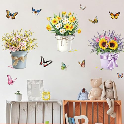 FUFUQUARE Autocollants Muraux Pot de Fleurs Papillon Coloré Stickers Muraux Floraux Bouquet Bonsaï Aquarelle Décoration pour Salon Cuisine Chambre à Coucher Véranda Arrière-plan