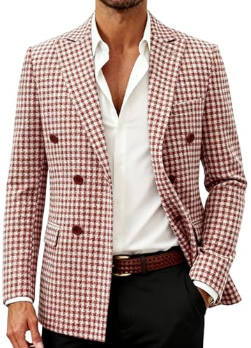 i · FineLong Men's Suit Jacket, Houndstooth Slim fit Fashionable Casual Jacket, Lapel Double Breasted Suit Party Tuxedo Coat (US, Alpha, X-Large, Regular, Regular, Red White)