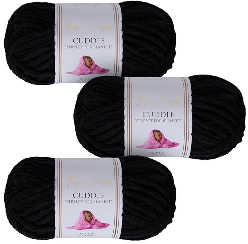 Utopia Crafts Cuddle Supertjockt Chenillegarn Svart, 100 g 60 m Nystan Fluffigt, Mjukt & Lätt att Använda, Chunkygarn för Virkning & Stickning, Nybörjarvänligt Alternativ till Ullgarn - 3-pack