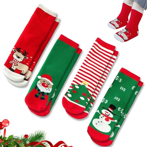 Chaussettes Noël Enfant, 4 Paires Enfants Noël Chaussettes en Coton, Chaussette de Noel Filles, Chaussette Enfants Xmas, Cadeaux De Noel pour Unisexe Filles Garçons Fête Nouvel An