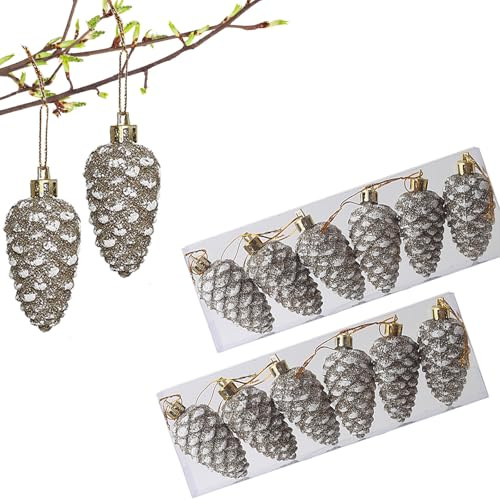 YIEUR 12 Stück weihnachtskugeln Tannenzapfen Weihnachten, Advenskranz Kiefernzapfen Weihnachtsanhänger Kunst Champagner, Weihnachtszapfen Ornament Weihnachtsbaum Anhänger Tannen Zapfen Deko
