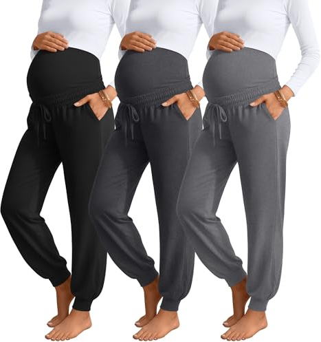 Sweetyweee 3 Pack Women's Maternity Pants Over Belly Maternity Casual Pants Loose Drawstring Pregnancy Joggers with Pockets(Black, Light Heather Gray, Dark Heather Gray,Medium)