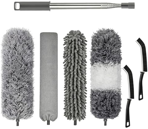 7 Pièces Plumeau Télescopique Lavable en Microfibre, Extensible Jusqu’à 250 cm, Plumeaux Flexibles pour Ventilateurs, Plafonds, Meubles, Stores, Nettoyage des Toiles d'Araignée