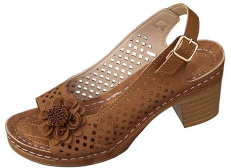 Sommarsandaler damer kilklack, sandaletter damer blockklack vit fritidssandaler blommor fritidsskor Slingback sommarsandaler med hål pantoletter mjuk fotbädd kilsandaler, BRUN, 38 EU