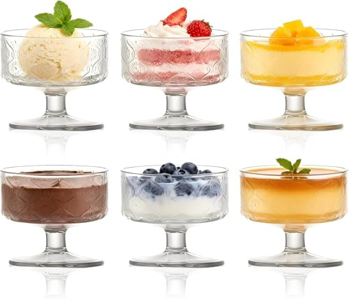 TOLASTO Verrines en Verre Lot de 6, Bols à Dessert 180 ml avec Pied, Pour Glace, Sundae, Salade de Fruits, Mousse, Cocktail de Crevettes, Coupelles Transparentes (motif floral ondulé)