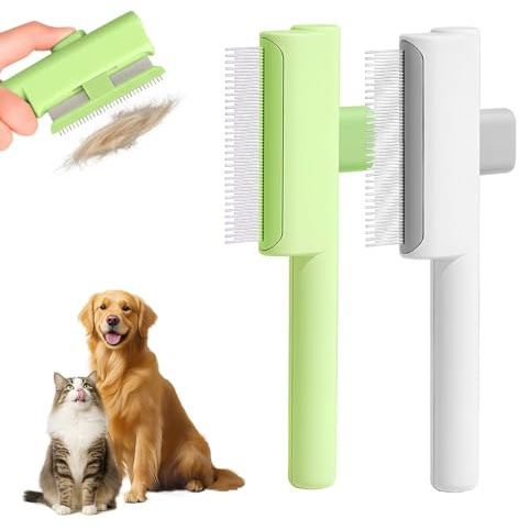 Katzenbürste, Katzenhaarbürste mit Langen und Kurzen Metallzähnen, Fellbürste mit Metallzinken & Silikon für Langhaar & Kurzhaar Katzen und Hunde Unterwolle Lose Haare Entfernen (1, Weiß +Grün)