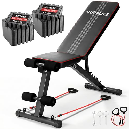 JUPPLIES Panca Pesi Pieghevole Multifunzionale 7 Posizioni | Inclinabile fino a 90° | Capacità 200kg | 2 Fasce Elastiche Incluse | Panca Palestra Casa + Tappeto Puzzle 36 Pezzi