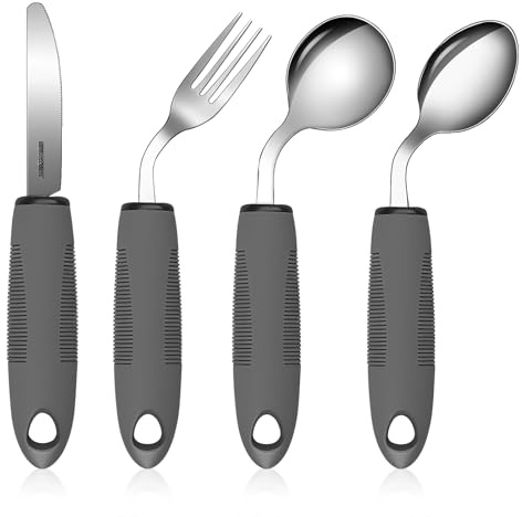 CEOTIS Cubertería de 4 piezas, fácil agarre, ángulo de 42°, cubiertos con mango grueso, ayudas para discapacitados, mangos antideslizantes, cuchara, cuchillo, tenedor, cubiertos para temblores de