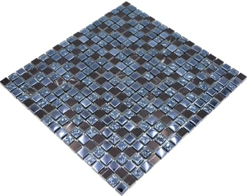 Mosaik Quadrat Crystal/Stein mix grau/schwarz Glas Naturstein Fliesenspiegel, Mosaikstein Format: 15x15x8 mm, Mattengröße: 322x305 mm, 1 Matte