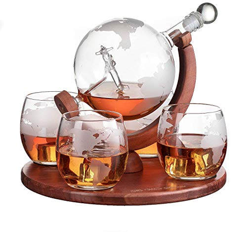 Etched World Decanter whiskey Globe - The Wine Savant Whiskey Gift Set Globe Decanter with Antique Airplane, Whiskey Stones and 4 World Map Glasses, Pilot Gift - Alcohol Related Gift, HOME BAR DÉCOR