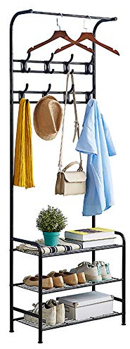 Coat Rack Shoe Bench with 16 Hooks, Metal Coat Hat Rack Free Standing Clothes Stand with 3-Tier Shoe Rack Bench, Hat Umbrella Stand Hallway Organiser, 3-in-1 Hall Tree with Metal Frame, Easy Assembly