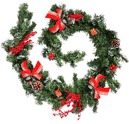 BELLE VOUS Künstliche Weihnachtsgirlande Grün - 1,8m Weihnachten Deko mit Tannenzapfen, Beeren, Geschenke und Schleifen - Festliche Girlanden Deko Weihnachten Indoor für Haus und Hochzeit