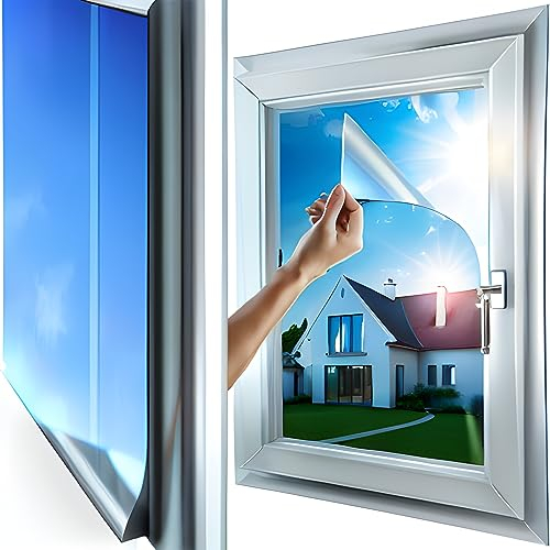 MARAPON ® Fensterfolie selbstklebend inkl. eBook mit Profitipps - Sichtschutzfolie Fenster mit Anti-UV - Milchglasfolie - Milchfolie (Spiegelfolie Silber, 0.75 x 2 m)