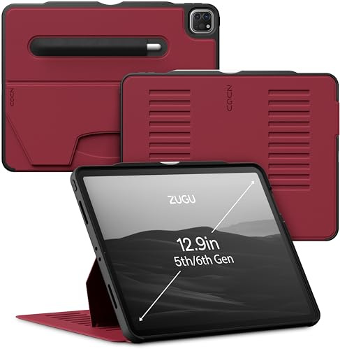 ZUGU iPad Pro 12.9 Case 2022/2021 5 & 6 Generation fodral - Ultra slimmat skyddshölje - trådlös Apple Pencil Laddning - Bekväm 10-vinkels Magnetic Stativ Skal & automatisk vila/väckning [Körsbärsröd]