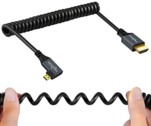 Twozoh Cable Micro HDMI en Espiral en Ángulo Recto a HDMI, 90°, Longitud Estirada 30cm a 150cm, Soporta 3D/4K 1080p (1,5M)