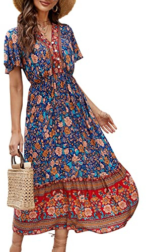 Clearlove Damsommarklänning, boho, kortärmad midiklänningar, v-ringad strandklänning, lång blommig klänning, volanger, fritidsklänning med knappar (förpackning återanvändbar), XL