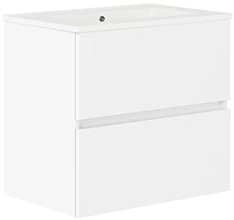 Baikal, Conjunto de baño Natura. Mueble de Baño de Fondo Reducido, con Lavabo cerámico. Distribución Dos Cajones. Mueble MONTADO. Dos Cajones sin Espejo. Fondo 39cm 60 cm Blanco
