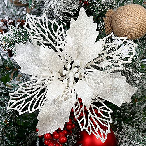 MIVAIUN 10 Pezzi Fiori Natale (16cm) Fiori finti per il matrimonio Fiori artificiali Natale Glitter Fiori Fiori dell'albero di Natale Per le decorazioni di matrimoni, natale e feste (bianco)