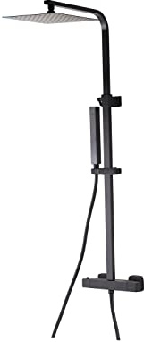 VALAZ Columna Ducha Termostatica Negro Mate | Mezclador Agua Fría y Caliente, Ahorro de Agua | Instalación Fácil y Rápida | Inoxidable, Cuadrada, Longitud 80-120 cm, Rociador 20 cm, Serie Segura