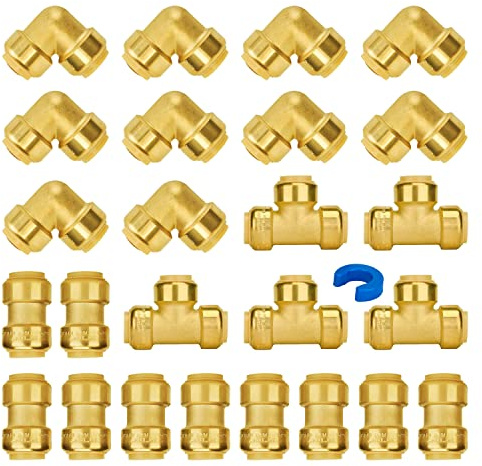 SUNGATOR Plumbing Fittings 3/4 Inch, Push Pex Fittings 3/4, 10 Each Coupling and 90 Degree Elbow, Tee (5 PCS), No Lead Brass Push to Connect Pex Pipe, Copper, CPVC, with 1 Disconnect Clip, Pack of 25