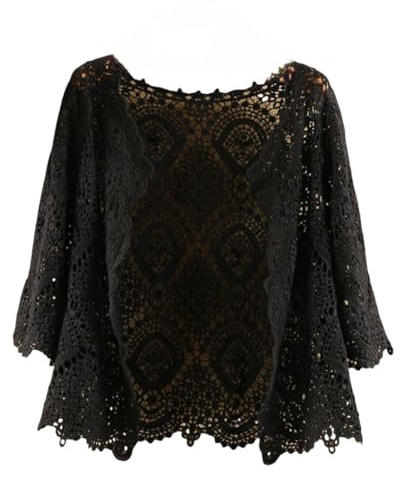 Veste Femme Chic Et Elegant,Mesdames Dentelle Crochet Bolero Shrugs Tops Courts Élégant Cardigan À Manches Courtes Open Front Sheer Shrugs Tops Épaule Veste Cape Soirée Cover Up Pour Robes,Black,L