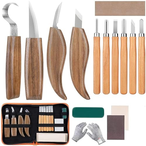 mumisuto Kit Intaglio Legno, 15 Pezzi Strumenti per Intagliare il Legno con 10 Coltelli Intaglio, Scalpelli per Intaglio per Principianti e Professionisti, con Guanti Resistenti al Taglio