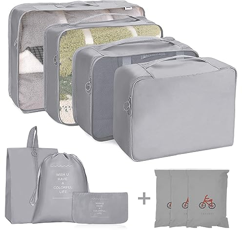 Packwürfel für Koffer 10er Set, Kompression Packwürfel, Aufbewahrung Taschen für Reisen, Koffertaschen Organizer-Taschen, Reise-Organizer Packsäcke für Kleidung Schuhe Kosmetika Toiletteartikel(grau)