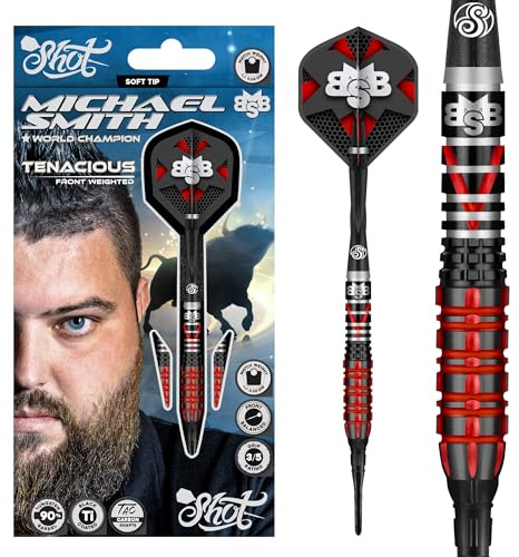 Shot! Soft Darts | Michael Smith | Bully Boy Tenacious | 90 % Tungsten Softtip Darts | Softdart | Högkvalitativt volfram dartpilset med skaft och flights | Tillverkad i Nya Zeeland | 18 gram
