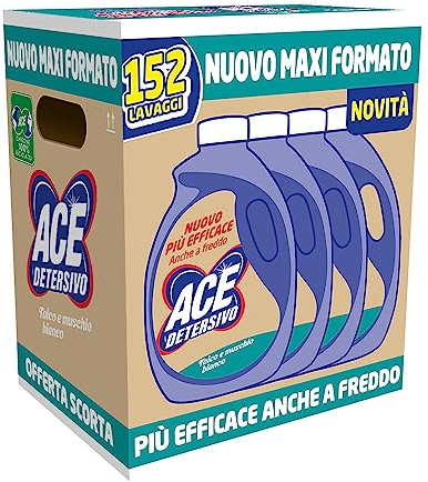 ACE Detersivo Igienizzante Talco e Muschio Bianco, Cartone da 4 Flaconi x 38 Lavaggi