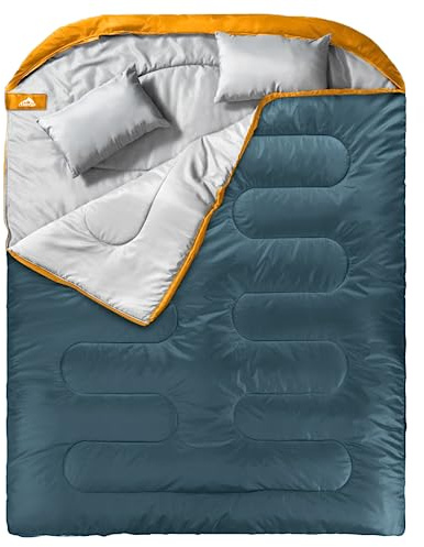 MEREZA Double Sleeping Bag for Adults Mens with Pillow, XL Queen Size Two Person Sleeping Bag for All Season Camping Hiking Backpacking 2 Person Sleeping Bags for Cold Weather & Warm (Blue&Yellow)