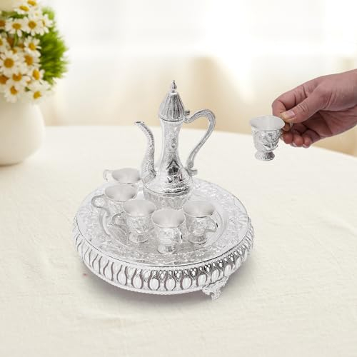 Kaffeetasse und Teekanne Set, Teeservice Set mit 6 x 25ml Teetasse, 1 x 280ml Teekanne, 1 x Tee Tablett, Tee Service für Wohnzimmer, Esszimmer, Unternehmen, Silber