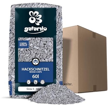 GALAMIO Holzhackschnitzel Grau Hackschnitzel Mulch Natur Wald Kiefer Pinus Sylvestris Garten Dekor Holz Häcksel Grob 5-60mm 60l Sack / 1 Karton Paligo