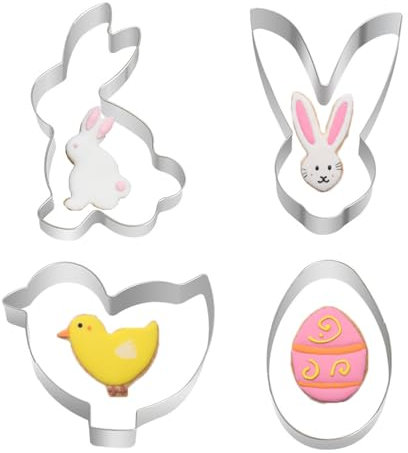 BAVALIN 4 PCS Cortadores de Galletas de Acero Inoxidable - Juego de Cortadores de Galletas de Pascua Galletas Animales Moldes Conejo, Pollito, Huevo de Pascua y Cabeza de Conejo