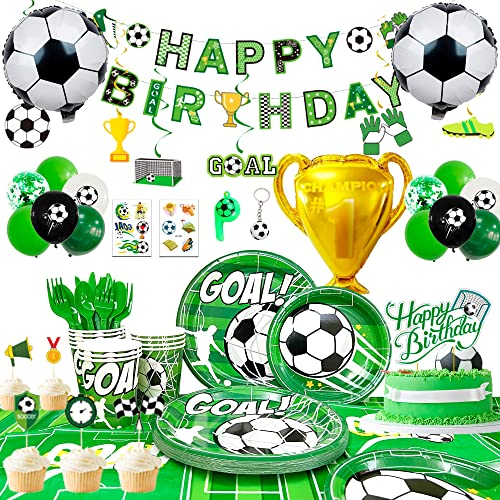 Fussball Deko Geburtstag,16 Gäste Fußball Deko Geburtstag Partygeschirr Set Fußball Party Pappteller Tasse Tischdecke Luftballon Banner etc...